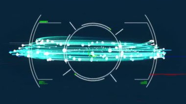 Dijital arayüzde parlayan dairelerin ve mavi ve yeşil çizgilerin animasyonu. Gelecek, teknoloji, soyut, siber, ağ, şablon