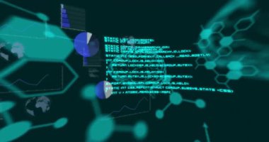 Soyut geometrik şekiller üzerinde dijital veri ve kod işleme animasyonu. Teknoloji, fütürist, yenilik