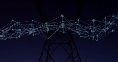 Güç hattı yapısı üzerinde bağlantı ve veri işleme animasyonu ağı. Teknoloji, altyapı, elektrik, dijital, iletişim, yenilik