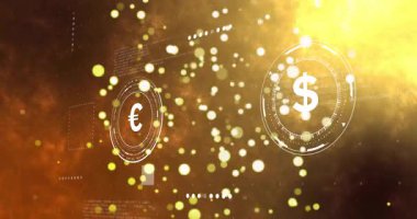 Animasyon ve soyut arkaplan içeren parlayan dijital para birimi simgeleri. Kripto para birimi, engelleme zinciri, fintech, finans, sanal, teknoloji