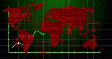 Kırmızı ve yeşil olarak virüs ve kötü amaçlı yazılım uyarılarını gösteren dijital dünya haritasının animasyonu. Siber güvenlik, teknoloji, tehdit, hackleme, internet, küresel