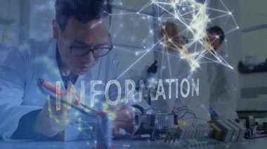 Laboratuvarda çalışan bilim adamları CONNECT metin ve ağ animasyon örtüsüyle çalışıyorlar. Teknoloji, yenilik, laboratuvar, araştırma, bağlantı, işbirliği