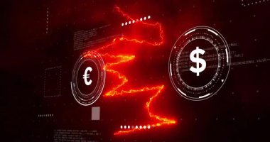 Euro 'dan Dolar' a dijital efektler ve kırmızı yıldırımlı animasyon değişimi. Finans, ekonomi, dönüşüm, dönüşüm, küresel