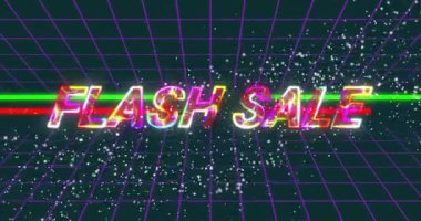 Neon renkleri olan dijital tema, ızgara arkaplan animasyonunda flash satış metni. promosyon, canlı, klasik