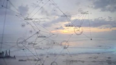 Dijital ağın animasyonu ve günbatımında okyanus üzerinde veri görselleştirmesi. Teknoloji, yenilik, fütüristik