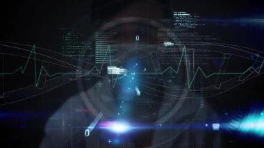 Fütürist teknoloji arayüzü üzerinde dijital veri ve kalp atışı grafik animasyonu. yenilik, ağ, siber