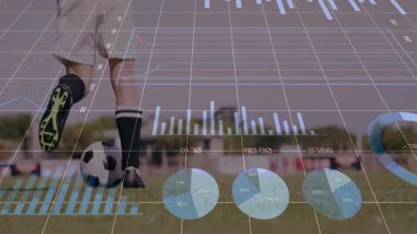 Performans istatistikleri analiz ediliyor, sahadaki futbolcu animasyon veri grafikleriyle birlikte. Spor, analitik, atlet, veri görselleştirme, teknoloji, rekabet