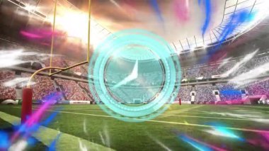 Dairesel tasarım ve renkli çizgilerden oluşan dijital animasyon ile stadyum sahnesi. Konser, etkinlik, eğlence, canlı, animasyon, görsel