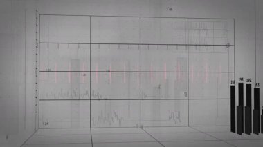Gri arkaplan üzerinde üç boyutlu grafik ve çizgi grafiklerinin animasyonu. Veri, analitik, görselleştirme, istatistik, finans, büyüme