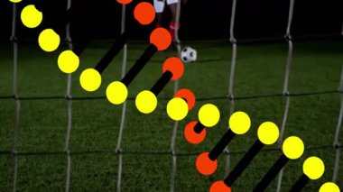 Futbolcuların sahada topa vurmaya hazırlanması üzerine DNA ipliği. Genetik, teknoloji, sanal, analitik, spor, atlet