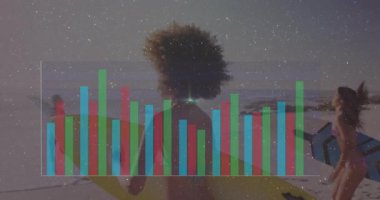 Sörf tahtası ve güneş ışığıyla plajdan hoşlanan insanları gösteren bir bar çizelgesi. Sörf, tatil, güneş ışığı, grafik, eğlence, okyanus