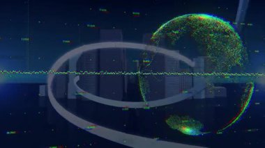 Dijital küre ve veriler, gelecekteki şehir manzarası üzerinde animasyon olduğunu gösteriyor. Teknoloji, yenilik, ağ, bağlantı, ilerleme