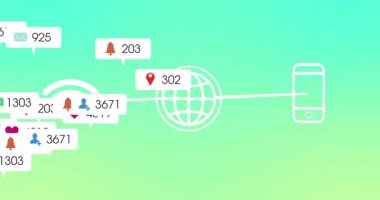 Yeşil gradyan üzerinde sosyal medya etkileşim simgelerinin yüzen animasyonu. Dijital, iletişim, ağ, sanal, semboller, internet