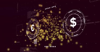Parlayan parçacıkların animasyonları üzerinde oklar olan Euro ve Dolar sembolleri. Para, finans, finans, finans, ticaret, ekonomi, para