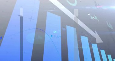 Aşağı doğru ok ve altıgen desenli mavi çubuk grafiğinin animasyonu. istatistikler, düşüş, düşüş, iş, finans, analiz