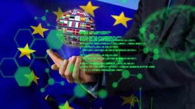 Bayraklı bir dünya, Avrupa Birliği bayrağı üzerinde hareketli eller. Küreselleşme, çeşitlilik, işbirliği, birlik, diplomasi, kültürler arası