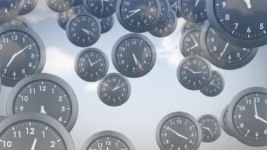 Saatler havada süzülüyor, animasyon zaman kavramını temsil ediyor. Gerçeküstü, dönüşüm, metafor, soyut, yaratıcı, rüya gibi.