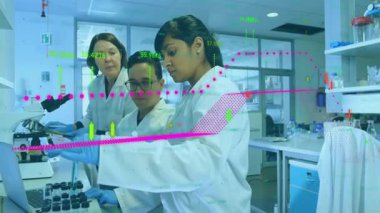 Laboratuvarda veri işleme animasyonu eşleşmesi olan örnekleri analiz eden bilim adamları. Araştırma, bilim, teknoloji, analiz, yenilik, deney