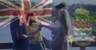 Açık havada içki içen, Cayman Adaları 'nda bayrak taşıyan insanlar animasyonda üstüste biniyor. Kutlama, çeşitlilik, toplanma, kültür, tatil, arkadaşlar
