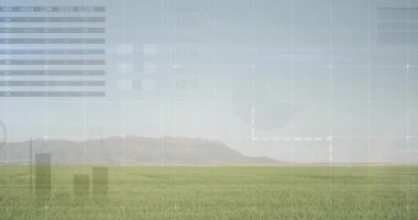 Yeşil alan üzerinde grafikler ve çizelgeler ve arka planda dağ var. Veri, analitik, doğa, teknoloji, çevre, büyüme