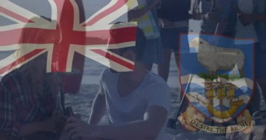 İngiliz bayrağı ve Anguilla animasyonu eşliğinde plaj toplantısı, insanlar sosyalleşiyor. kültür, etkileşim, rahatlık