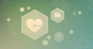 Kalp ve ambulans simgeleri yeşil altıgen sağlık geçmişi üzerinde animasyon halinde. tıbbi, acil, ikonografi, semboller, teknoloji, grafik