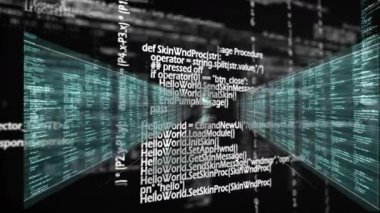 Okulda, fütüristik koridorda akan dijital veri akışlarının animasyonu. Teknoloji, yenilik, siber, sanal, ağ, bağlantı