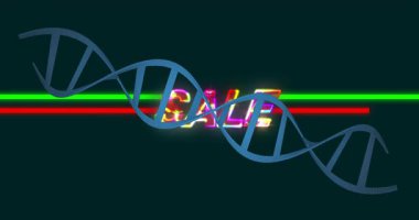 Renkli neon satışı metin ve yatay çizgilerle DNA iplikçiklerinin animasyonu. Genetik, biyoteknoloji, indirim, reklamcılık, enerji, promosyon