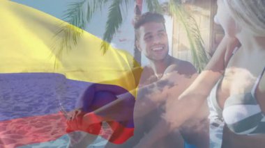 Sahilde dinlenen, arka plan animasyonunda Kolombiya bayrağı ve palmiye ağaçları olan insanlar. Tatil, tropikal, turizm, cennet, boş zaman, tatil