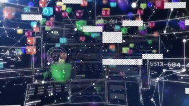 Fütürist ağ arayüzü üzerinde renkli dijital veri simgelerinin yüzen animasyonu. Teknoloji, yenilik, siber uzay, bağlantı, iletişim, 3D
