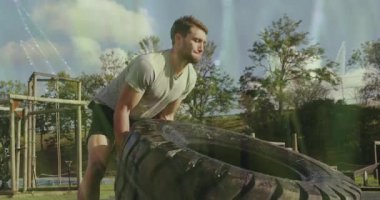 Açık havada egzersiz yapan, soyut yeşil ışık efektlerini canlandıran bir adam. Fitness, egzersiz, aktif, enerji, dinamik, hareket