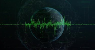 Yeşil dijital veri dalgaları ve ağ bağlantıları Dünya 'nın etrafında canlanıyor. Teknoloji, bağlantı, küresel, geleceksel, iletişim, yenilik