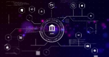Dijital ağ, animasyon arka planına bağlı bankacılık teknolojisi simgelerini gösteriyor. Fintech, inovasyon, bağlantı, siber güvenlik, engelleme zinciri, işlemler
