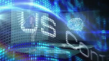 Fütürist dijital beyin ve veri işleme animasyonu mavi şebeke üzerinde. Yapay zeka, teknoloji, yenilik, sinirsel, ağ, siber uzay