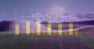 Bar ve çizgi bulutlu gökyüzü ile huzurlu manzaranın üzerinde animasyon çiziyor. Veri, analitik, görselleştirme, sükunet, doğa, bilgi