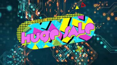 HUOP SALO metninin yer aldığı renkli geometrik şekilli ve devreli animasyon. Soyut, teknoloji, fütüristik, 3D, dijital, canlı