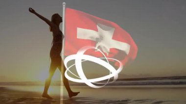 Elinde İsviçre bayrağı, plajda soyut animasyonlarla siluet şeklinde duran biri. Yaz, vatanseverlik, kutlama
