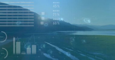 Huzurlu dağ manzarası üzerinde veri görselleştirme ve analizleri canlandırılıyor. teknoloji, yenilik, doğa, dağlar, dijital, bağlantı