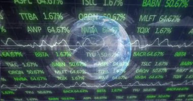 Değişen borsa verileri ve finansal grafiklerle dünyanın animasyonu. Finans, yatırım, ekonomi, analitik, küreselleşme, ticaret