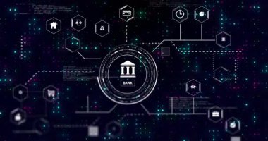 Dijital ağ ve finansal teknoloji sembolleriyle banka simgesinin animasyonu. Finans, fintech, bağlantı, yenilik, küresel para birimi