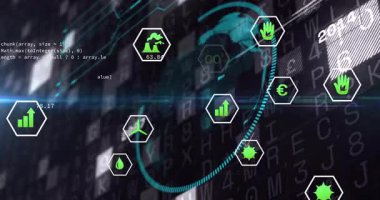 Okulda dünyayı fütüristik grafiklerle kaplayan çevre simgelerinin animasyonu. Sürdürülebilirlik, ekoloji, toprak, küresel, eğitim, yenilik