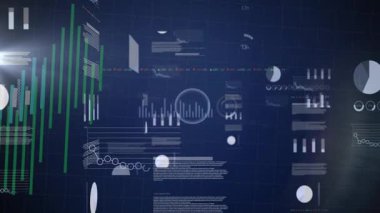 Karanlık arkaplanda veri tabloları ve grafiklerle dijital arayüzün animasyonu. Bilgi, teknoloji, veri görselleştirme, analitik, bilgi, fütüristik