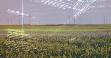 Rüzgâr türbinleri, finansal veri işleme animasyon örtüsüyle birlikte sahada. Yenilenebilir enerji, sürdürülebilirlik, finans, teknoloji, yenilik