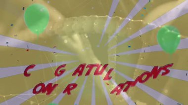 Sarı arka planda renkli konfeti animasyonu ve tebrik mesajı. Kutlama, şenlikli, parlak, parti, neşeli, duyuru
