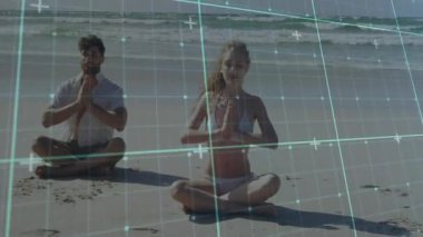 Sahilde meditasyon yapan insanlar dijital şebeke animasyonlarıyla sahneyi örtüyor. Meditasyon, farkındalık, teknoloji, sağlık, sükunet