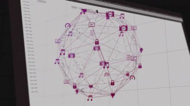 Okul ortamında bilgisayar kodu üzerinden dijital simgelerin ve bağlantıların animasyonu. Teknoloji, ağ, kodlama, eğitim, fütürist, veri