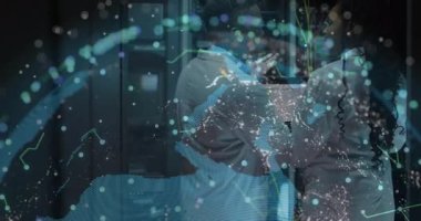 Laboratuvarda, bilim adamları dijital ağ ve veri görselleştirmesi için animasyon kullanıyorlar. Teknoloji, yenilik, araştırma, veri analizi, deney, geliştirme