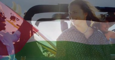 Şeffaf bayrak örtüsüyle seyahat eden iki kişi animasyon efektleri yaşıyor. Hareket grafikleri, dijital sanat, yaratıcılık, takım çalışması, işbirliği, teknoloji