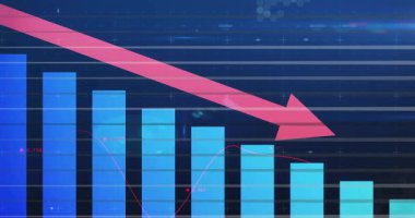 Finansal düşüş gösteren kırmızı oklu mavi çizgi grafiğinin animasyonu. Maliye, ekonomi, istatistik, analitik, düşüş, düşüş