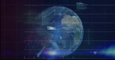 Dünya gezegenindeki finansal grafikler ve veri işleme animasyonları. Finans, analitik, teknoloji, fütüristik, küresel, ekonomi